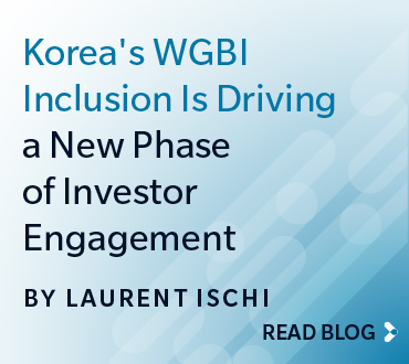 Promo graphic for Tradeweb blog: “Korea’s WGBI Inclusion Is Driving a New Phase of Investor Engagement” by Laurent Ischi.