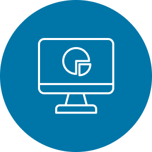 Computer monitor with pie graph data and reporting logo hover